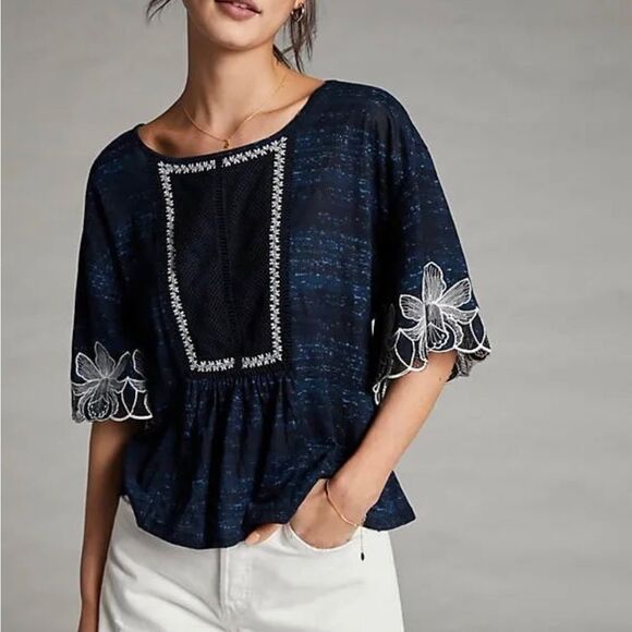 Anthropologie Pilcro Art to Wear Orchid Embroidered Whimsi Cottagecore Blouse S - Picture 1 of 13